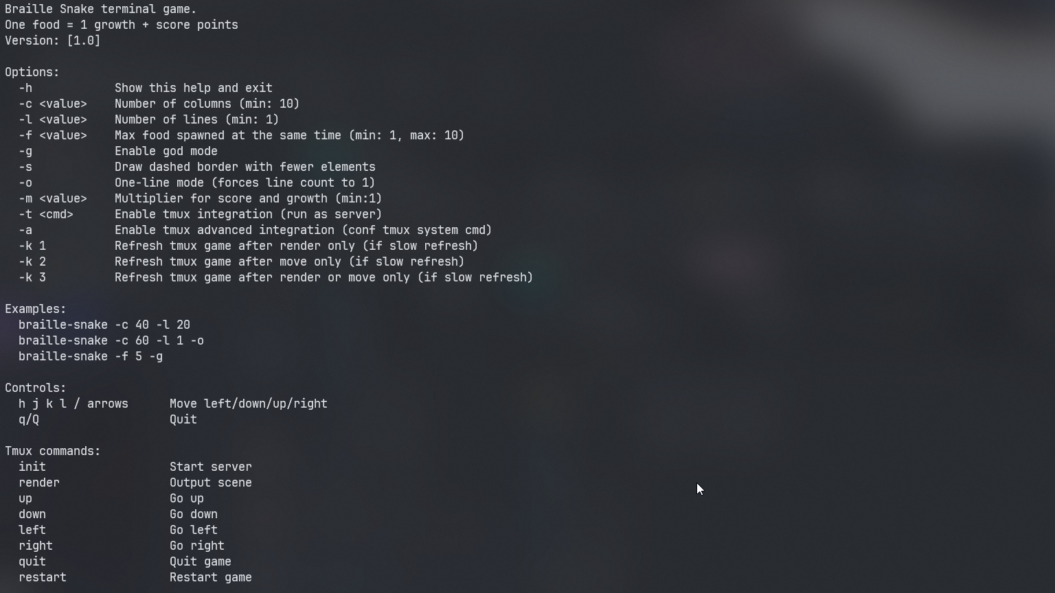 braille-snake help function